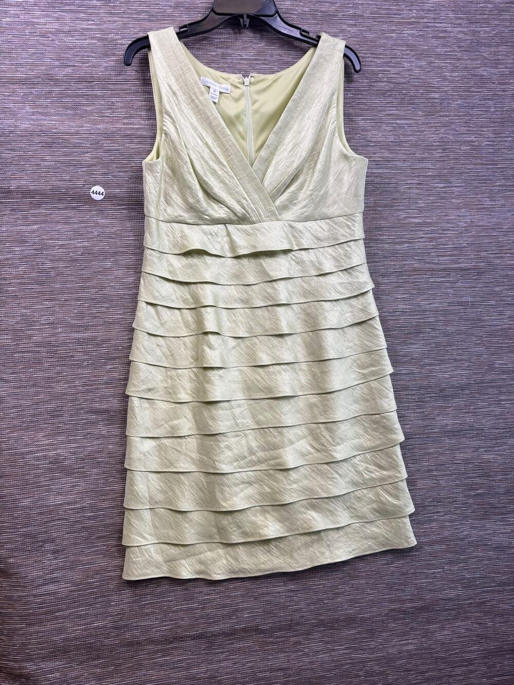 London Times Dress Womens 12 Green Tiered Ruffle Sheath Sleeveless Knee Length